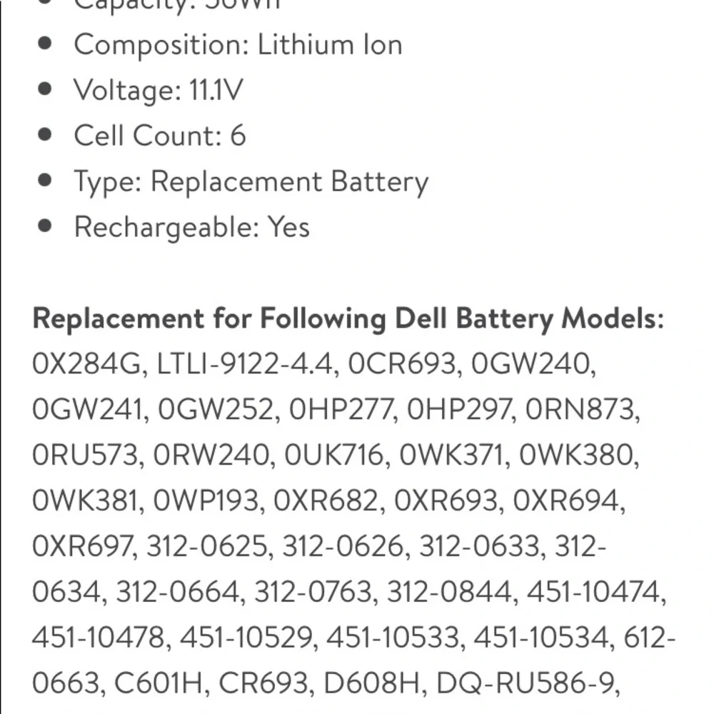 NWOT Dell Rechargeable Battery Li-ion compatible with Dell Models. Models listed